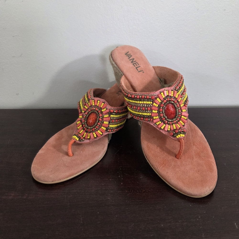 Vaneli Beaded Medallion Orange Yellow Bronze Wedge Sandals Sz 10 ~ Pre-Owned